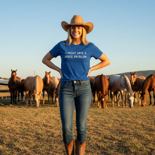 Funny cowgirl horse lover tee reading ‘I Might Have a Horse Problem’ with horse silhouette design