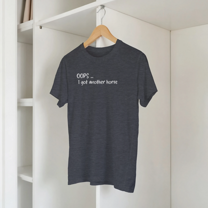 Oops I bought another horse T-Shirt, Funny T-Shirts, Western Style Wear, Cowgirl Shirt for Horse Lover, hanging in cupboard
